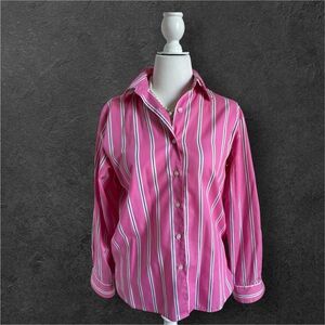 Foxcroft Pink, Black and White Striped, Wrinkle-Free, Button Down Shirt